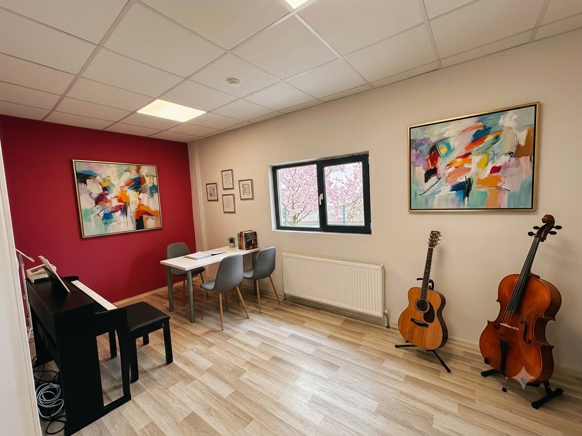 Piyano, gitar ve çello bulunan ders stüdyosu
